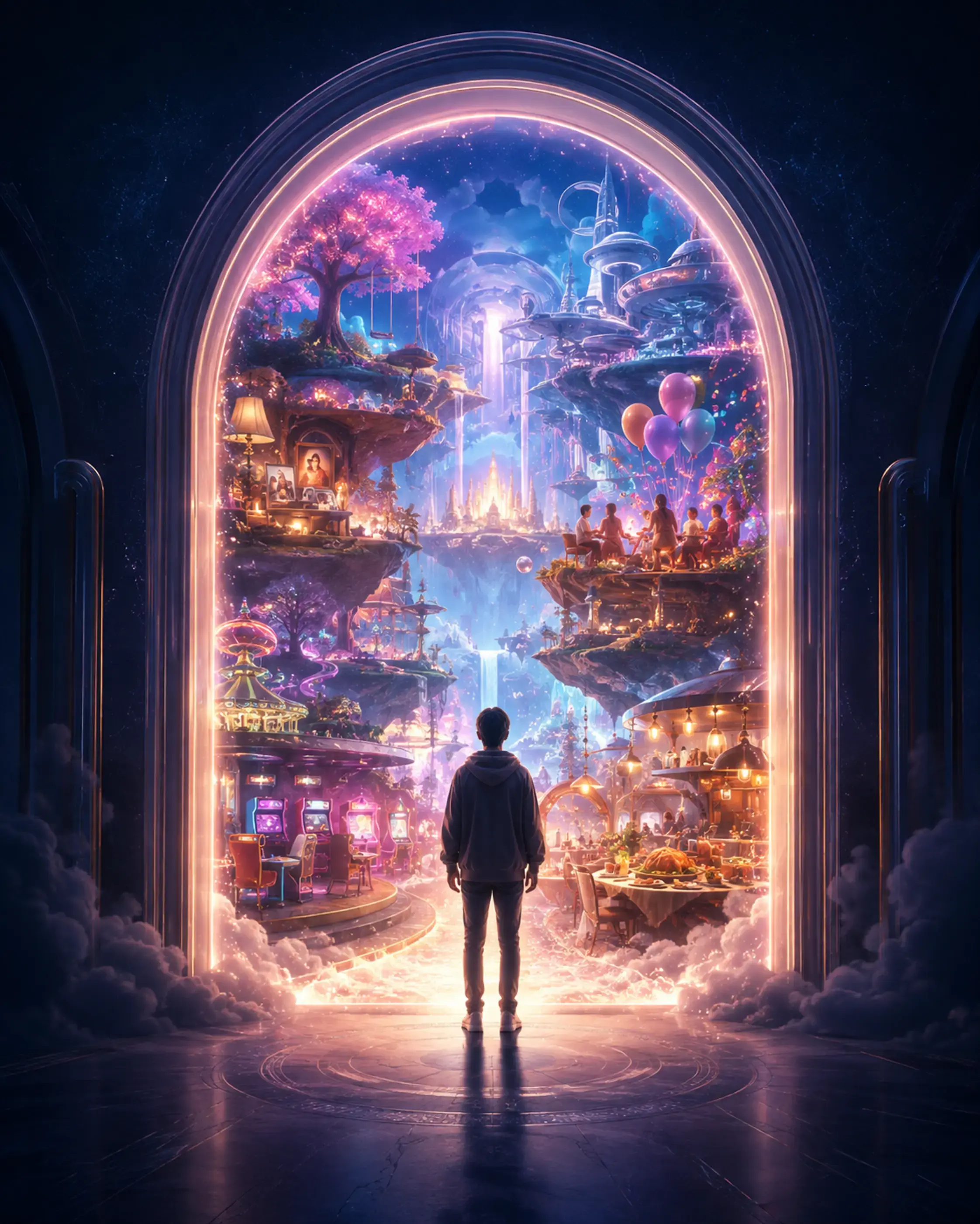 A visitor entering a colourful portal filled with creative worlds